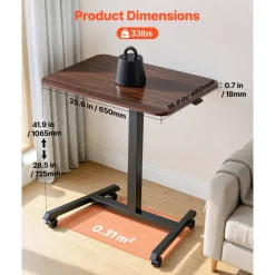 VEVOR Standing Desk, Adjustable Height Mobile Stand Up Desk with 4 Casters, 25.6 x 19 in Small Computer Sit Stand Rolling Workstation with Hook, 33 lbs Desktop Capacity, Ideal for Home Office, Brown