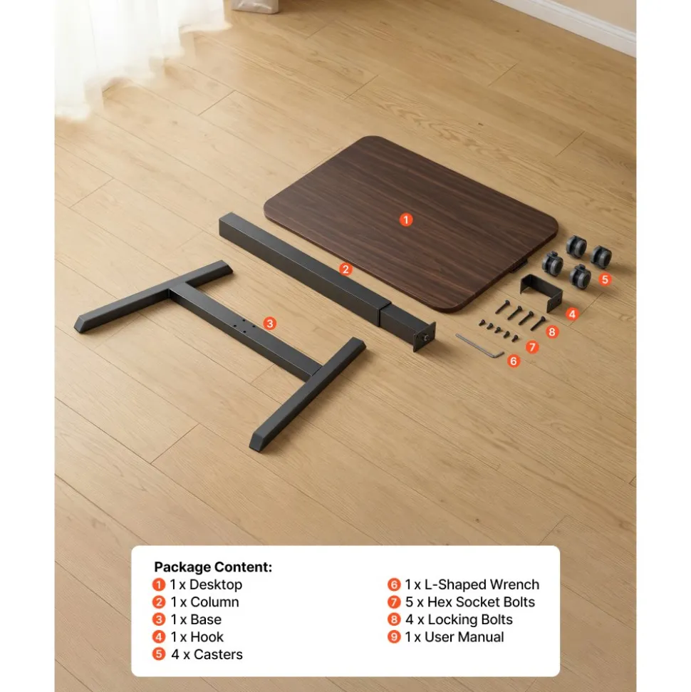 VEVOR Standing Desk, Adjustable Height Mobile Stand Up Desk with 4 Casters, 25.6 x 19 in Small Computer Sit Stand Rolling Workstation with Hook, 33 lbs Desktop Capacity, Ideal for Home Office, Brown