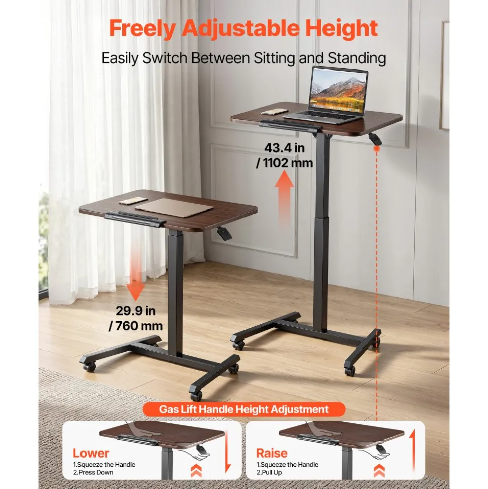 VEVOR Standing Desk, Adjustable Height Mobile Stand Up Desk with Tilting Desktop, 25.6 x 19 in Small Computer Sit Stand Rolling Workstation with 4 Casters, 33 lbs Capacity, Ideal for Home Office