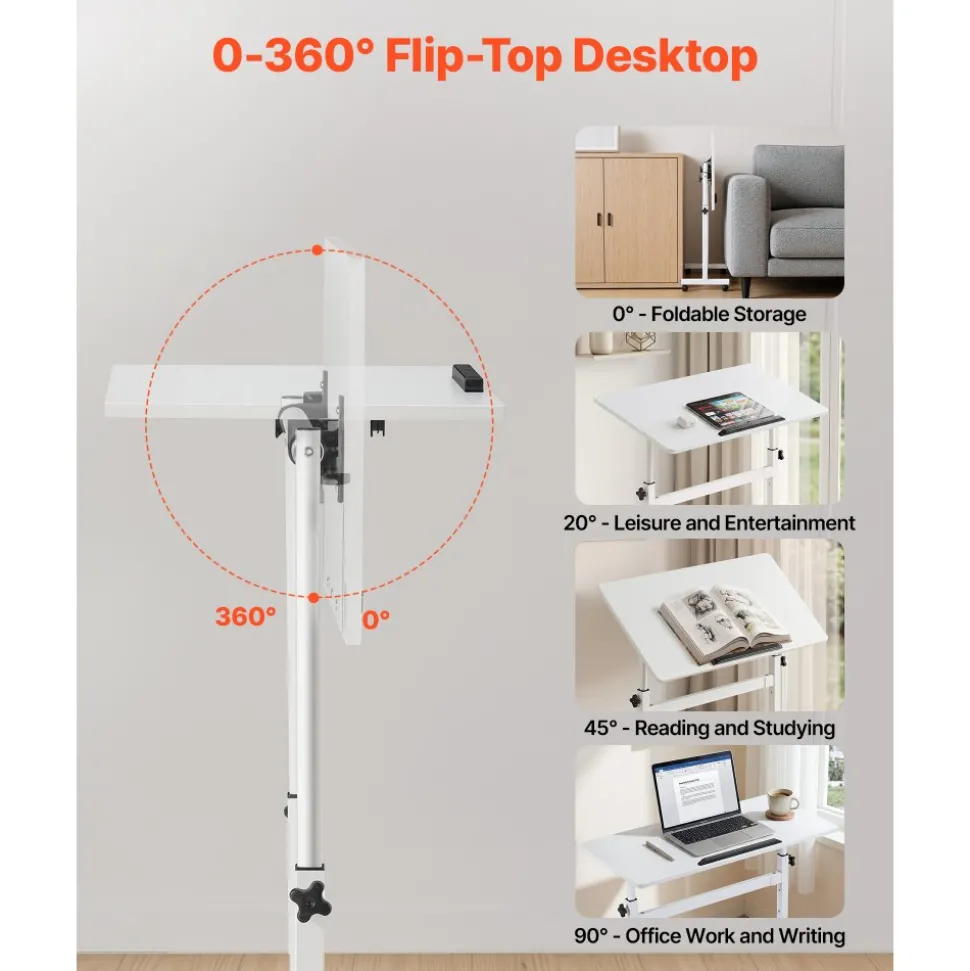 VEVOR Standing Desk, Adjustable Height Mobile Stand Up Desk 360° Tilting Desktop, 32 x 16 in Small Computer Sit Stand Rolling Workstation w/ Hook, Lockable Casters, 55.1 lbs Capacity for Home Office