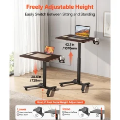 VEVOR Standing Desk, Adjustable Height Mobile Stand Up Desk w/ Casters, 28.2 x 20.5 in Small Computer Sit Stand Rolling Workstation w/ Hook, 33 lbs Capacity, Foot Pedal Pneumatic Lift for Home Office