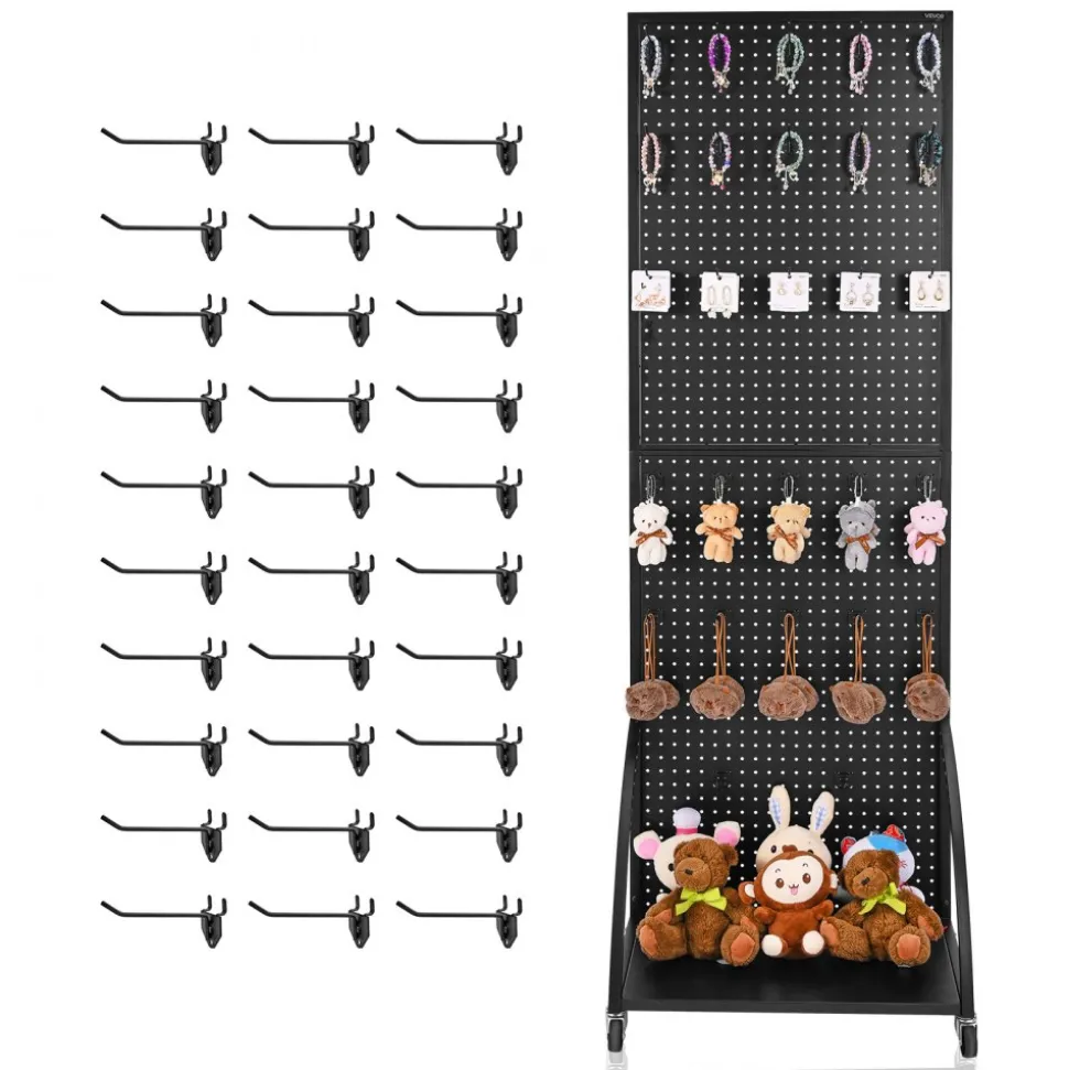 VEVOR Standing Pegboard Display with Base Plate, 23.7 x 66 in Pegboard Display Stand with Casters and 30 Hooks, Thickened Cold-Rolled Steel Peg Board Panel for Retail Store and Jewelry Shop, Black