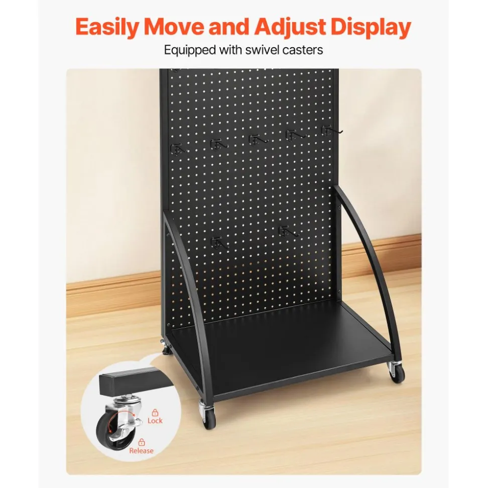 VEVOR Standing Pegboard Display with Base Plate, 23.7 x 66 in Pegboard Display Stand with Casters and 30 Hooks, Thickened Cold-Rolled Steel Peg Board Panel for Retail Store and Jewelry Shop, Black