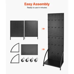 VEVOR Standing Pegboard Display with Base Plate, 23.7 x 66 in Pegboard Display Stand with Casters and 30 Hooks, Thickened Cold-Rolled Steel Peg Board Panel for Retail Store and Jewelry Shop, Black