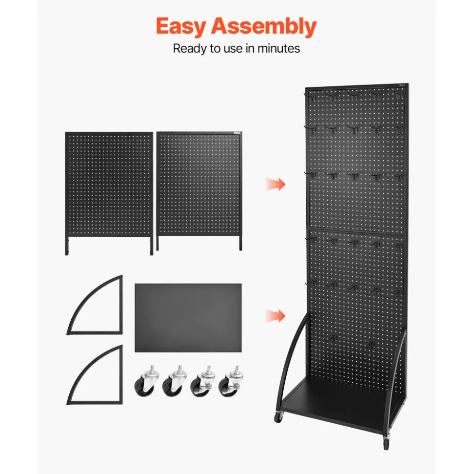 VEVOR Standing Pegboard Display with Base Plate, 23.7 x 66 in Pegboard Display Stand with Casters and 30 Hooks, Thickened Cold-Rolled Steel Peg Board Panel for Retail Store and Jewelry Shop, Black