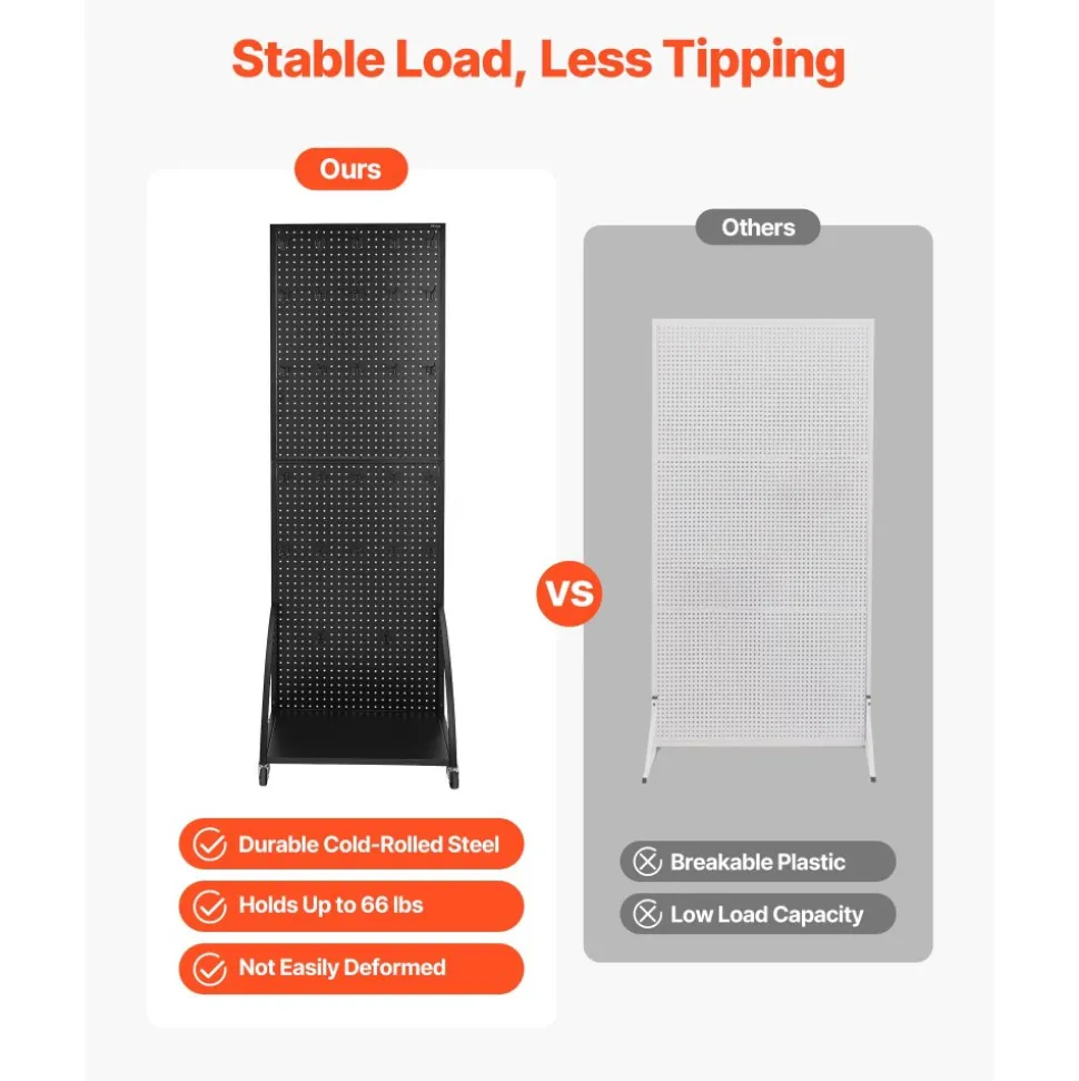VEVOR Standing Pegboard Display with Base Plate, 23.7 x 66 in Pegboard Display Stand with Casters and 30 Hooks, Thickened Cold-Rolled Steel Peg Board Panel for Retail Store and Jewelry Shop, Black