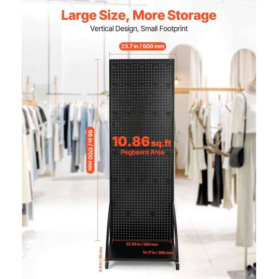 VEVOR Standing Pegboard Display with Base Plate, 23.7 x 66 in Pegboard Display Stand with Casters and 30 Hooks, Thickened Cold-Rolled Steel Peg Board Panel for Retail Store and Jewelry Shop, Black