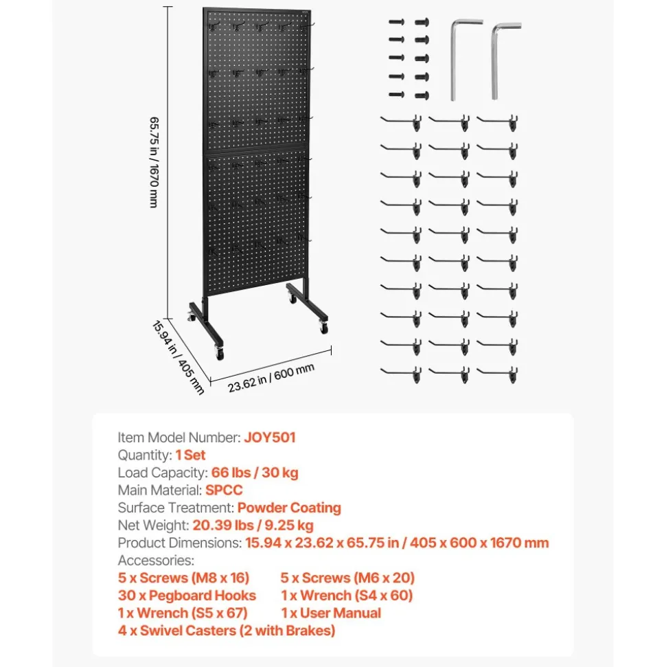 VEVOR Standing Pegboard Display, 23.6 x 63 in Pegboard Display Stand with Swivel Casters and 30 Hooks, Thickened Cold-Rolled Steel Peg Board Panel for Grocery, Retail Store and Jewelry Shop, Black