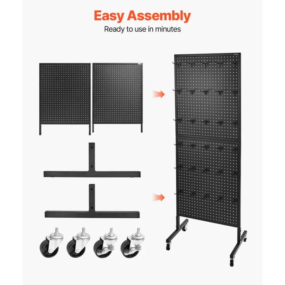 VEVOR Standing Pegboard Display, 23.6 x 63 in Pegboard Display Stand with Swivel Casters and 30 Hooks, Thickened Cold-Rolled Steel Peg Board Panel for Grocery, Retail Store and Jewelry Shop, Black
