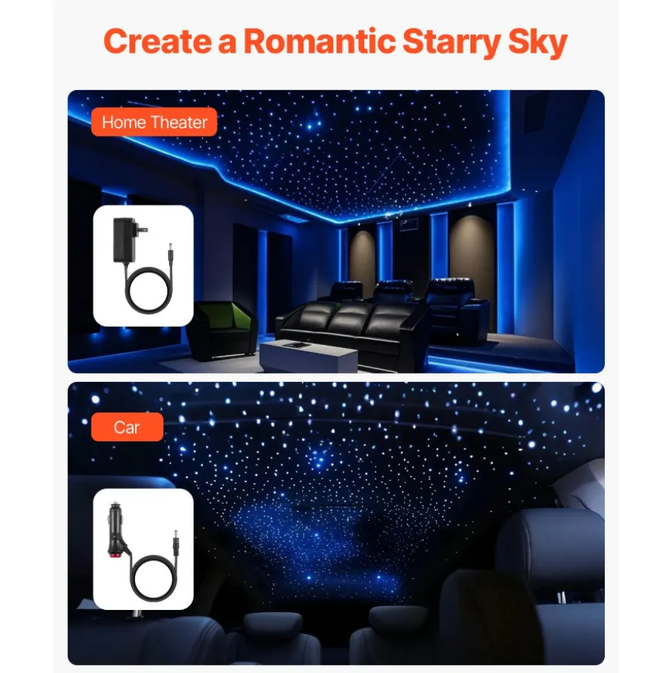 VEVOR Starlight Headliner Kit, 550 pcs 0.03 in 9.8 ft, 16W Twinkle Fiber Optic Star Ceiling Lights for Car, Bluetooth APP, Remote Control, Sound Activated, RGBW Light Engine, for Home Bed Room Decor