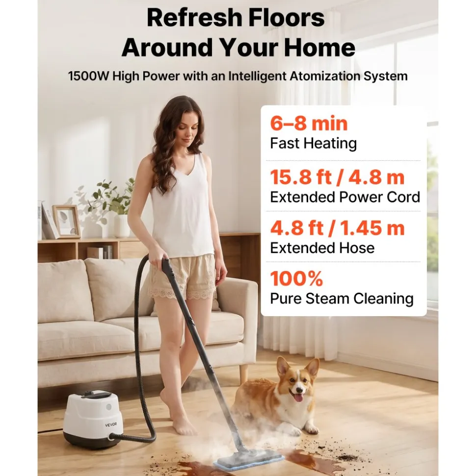 VEVOR Steam Cleaner, 34 oz Tank, Steamer for Cleaning with 20 Accessories, Extended Power Cord and Hose, Portable Handle, Fast Heating, Powerful Canister Steam Cleaner for Home, Car Detailing, Floors