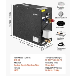 VEVOR Steam Generator, 4 kW Steam Shower System with Controller for Home Sauna Bath Spa, Commercial Auto Drain Kit with Overheat, Dry-Run & Overpressure Protection, 10 Min to 24h Efficient, Black