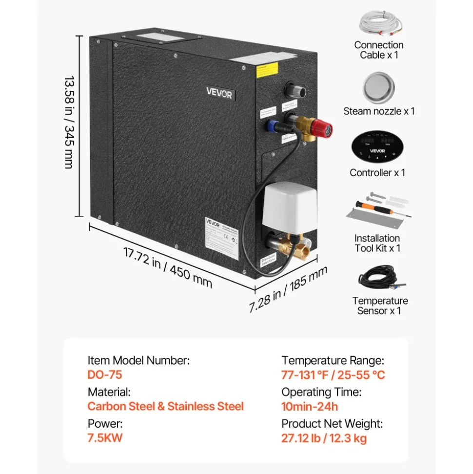 VEVOR Steam Generator, 7.5 kW Steam Shower System with Controller for Home Sauna Bath Spa, Commercial Auto Drain Kit with Overheat, Dry-Run & Overpressure Protection, 10 Min to 24h Efficient, Black