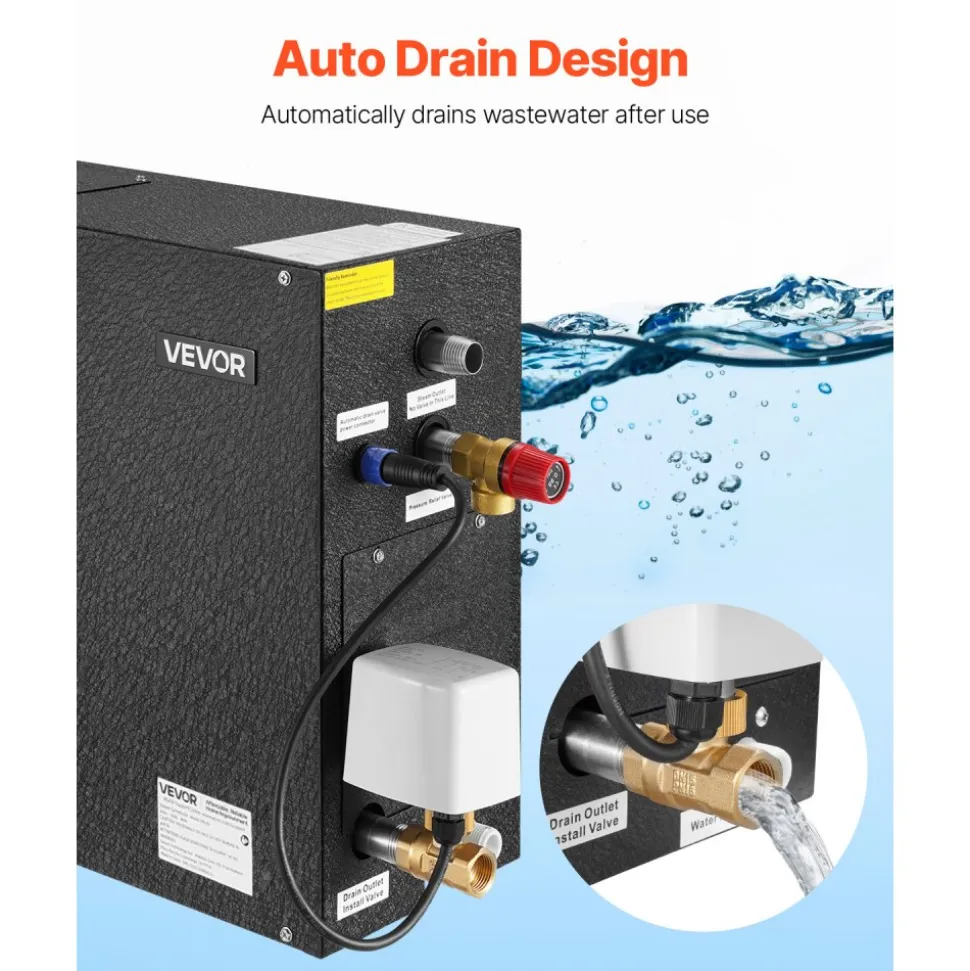 VEVOR Steam Generator, 6 kW Steam Shower System with Controller for Home Sauna Bath Spa, Commercial Auto Drain Kit with Overheat, Dry-Run & Overpressure Protection, 10 Min to 24h Efficient, Black