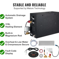 VEVOR Steam Shower Generator, 15 kW, Segmented Heating & Temperature Customization & 24h Timer Steam Bath Kit, Automatic Drainage Luxury Home Steam Shower System, Acrylic Room Tested to UL Standards