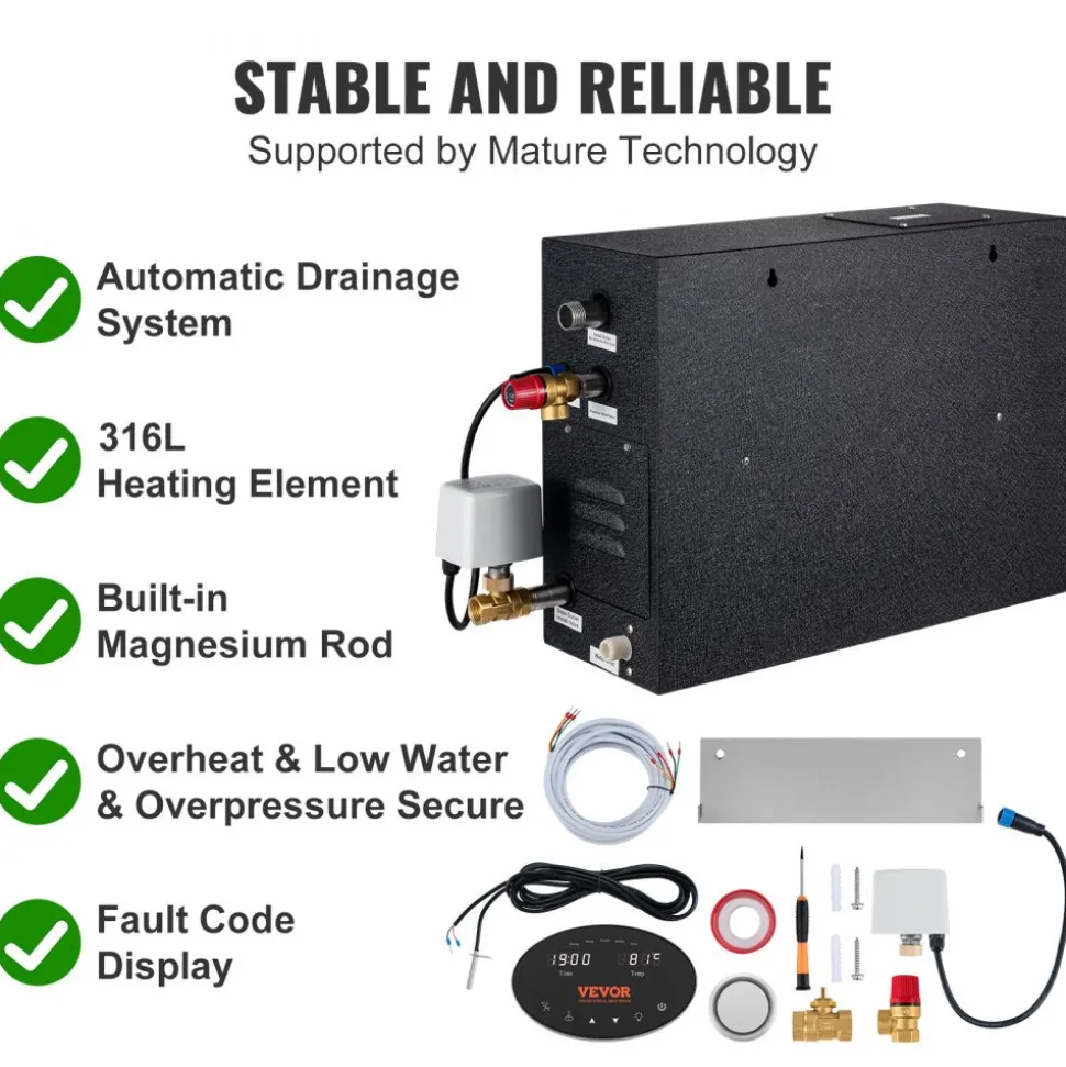 VEVOR Steam Shower Generator, 15 kW, Segmented Heating & Temperature Customization & 24h Timer Steam Bath Kit, Automatic Drainage Luxury Home Steam Shower System, Acrylic Room Tested to UL Standards
