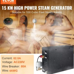 VEVOR Steam Shower Generator, 15 kW, Segmented Heating & Temperature Customization & 24h Timer Steam Bath Kit, Automatic Drainage Luxury Home Steam Shower System, Acrylic Room Tested to UL Standards