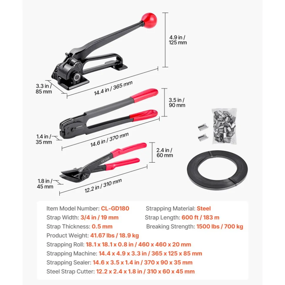 VEVOR Steel Banding Strapping Kit, Heavy Duty Banding Sealer Tool with 600 ft Binding Straps, 300 Metal Seals, Manual Pallet Packaging Strapping Kit for Warehouse, Transportation, Industrial Bundling