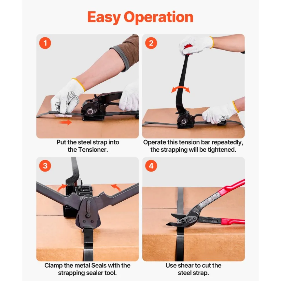 VEVOR Steel Banding Strapping Kit, Heavy Duty Banding Sealer Tool with 600 ft Binding Straps, 300 Metal Seals, Manual Pallet Packaging Strapping Kit for Warehouse, Transportation, Industrial Bundling