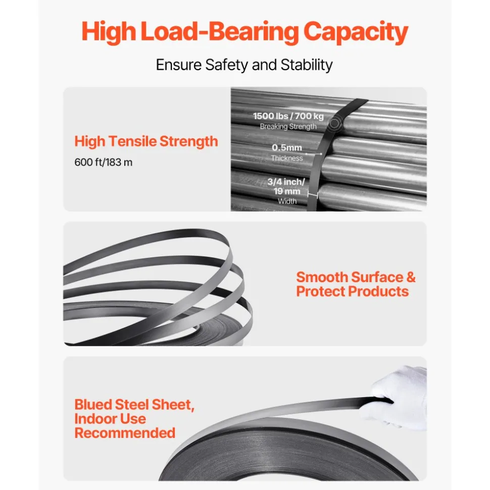VEVOR Steel Banding Strapping Kit, Heavy Duty Banding Sealer Tool with 600 ft Binding Straps, 300 Metal Seals, Manual Pallet Packaging Strapping Kit for Warehouse, Transportation, Industrial Bundling