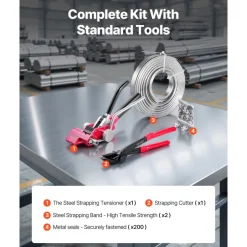 VEVOR Steel Banding Strapping Kit, Heavy Duty Banding Sealer Tool with 200 ft Binding Straps, 200 Metal Clasps, Manual Pallet Packaging Strapping Kit for Warehouse, Transportation, Industrial Bundling