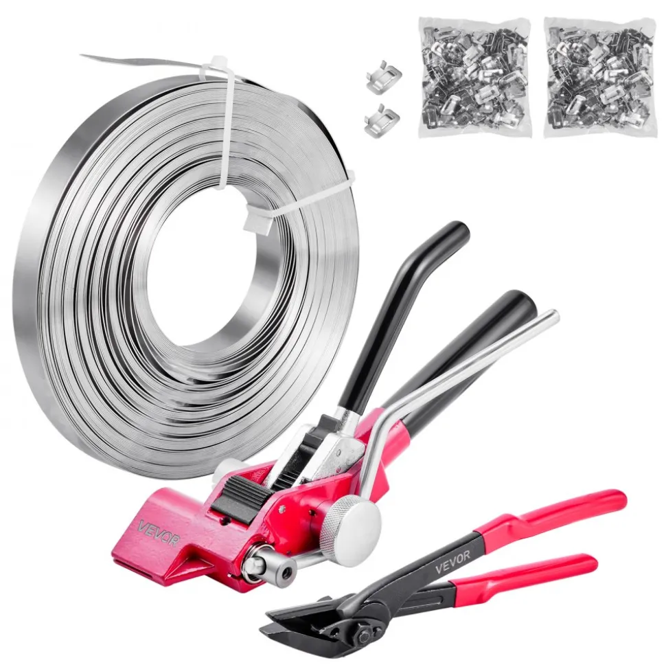 VEVOR Steel Banding Strapping Kit, Heavy Duty Banding Sealer Tool with 200 ft Binding Straps, 200 Metal Clasps, Manual Pallet Packaging Strapping Kit for Warehouse, Transportation, Industrial Bundling
