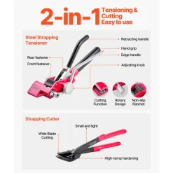VEVOR Steel Banding Strapping Kit, Heavy Duty Banding Sealer Tool with 200 ft Binding Straps, 200 Metal Clasps, Manual Pallet Packaging Strapping Kit for Warehouse, Transportation, Industrial Bundling
