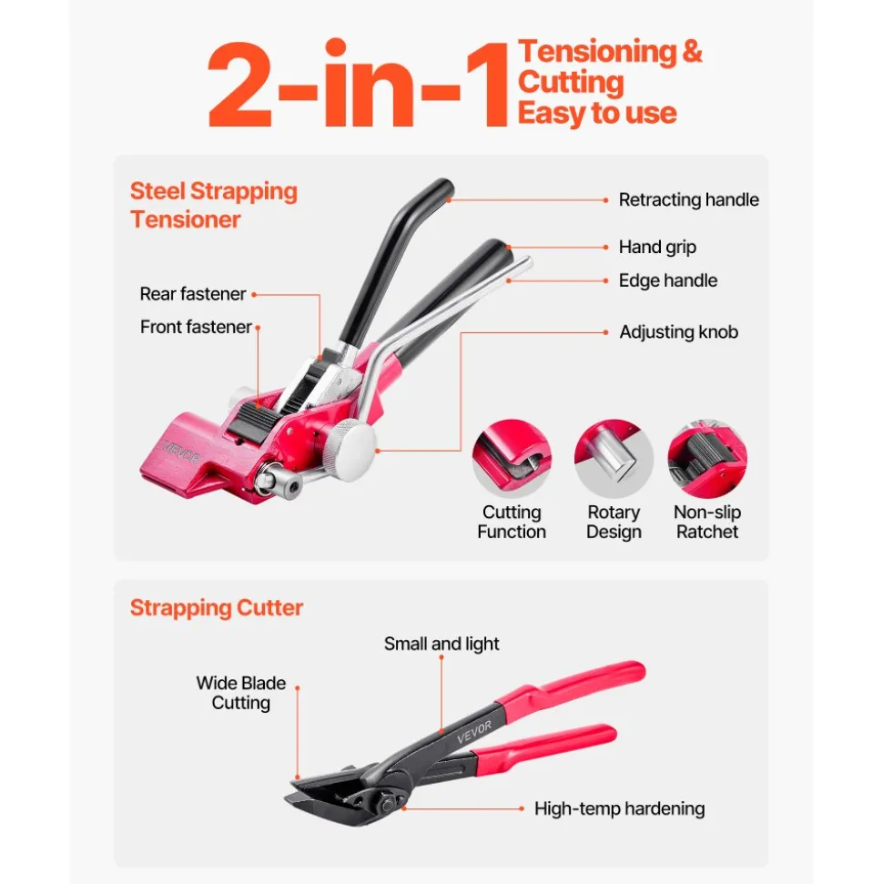 VEVOR Steel Banding Strapping Kit, Heavy Duty Banding Sealer Tool with 200 ft Binding Straps, 200 Metal Clasps, Manual Pallet Packaging Strapping Kit for Warehouse, Transportation, Industrial Bundling