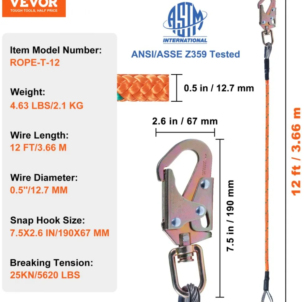 VEVOR Steel Core flipline, 1/2" x 12' Arborist Flipline, Flip Line for Tree Climbing with Alloy Steel Snap Hook, Aluminum Alloy Carabiner and Extra Tool Lanyard, for Arborist, Tree Climbers