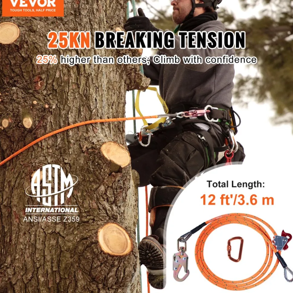 VEVOR Steel Core flipline, 1/2" x 12' Arborist Flipline, Flip Line for Tree Climbing with Alloy Steel Snap Hook, Aluminum Alloy Carabiner and Extra Tool Lanyard, for Arborist, Tree Climbers