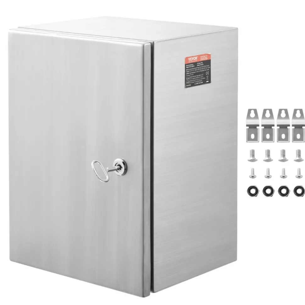 VEVOR Steel Electrical Box, 20"x 16"x 8", 304 Stainless Steel Electrical Enclosure Box, Wall-Mounted Outdoor Electrical Electronic Equipment Enclosure with Mounting Plate Hinges Lock, IP66 Waterproof