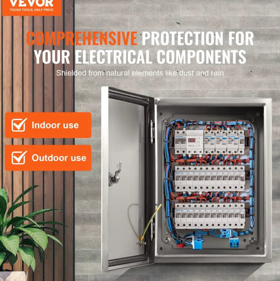 VEVOR Steel Electrical Box, 20"x 16"x 8", 304 Stainless Steel Electrical Enclosure Box, Wall-Mounted Outdoor Electrical Electronic Equipment Enclosure with Mounting Plate Hinges Lock, IP66 Waterproof