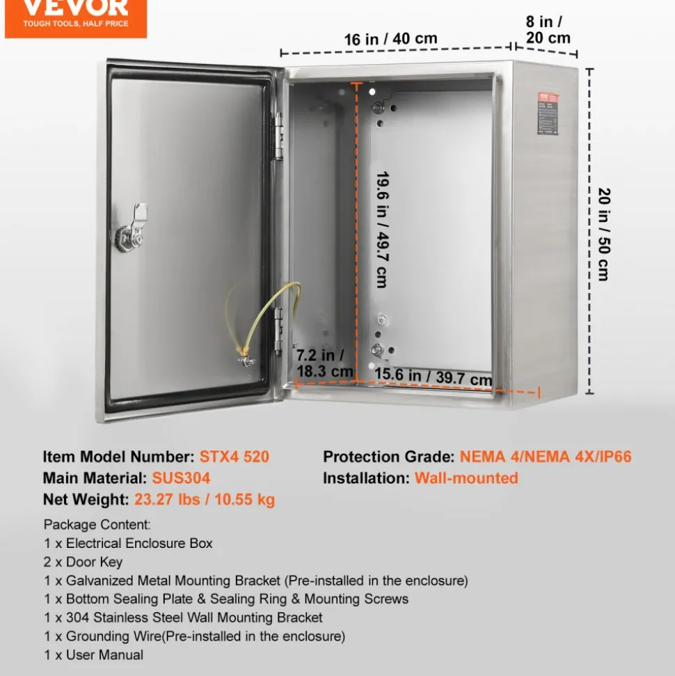 VEVOR Steel Electrical Box, 20"x 16"x 8", 304 Stainless Steel Electrical Enclosure Box, Wall-Mounted Outdoor Electrical Electronic Equipment Enclosure with Mounting Plate Hinges Lock, IP66 Waterproof
