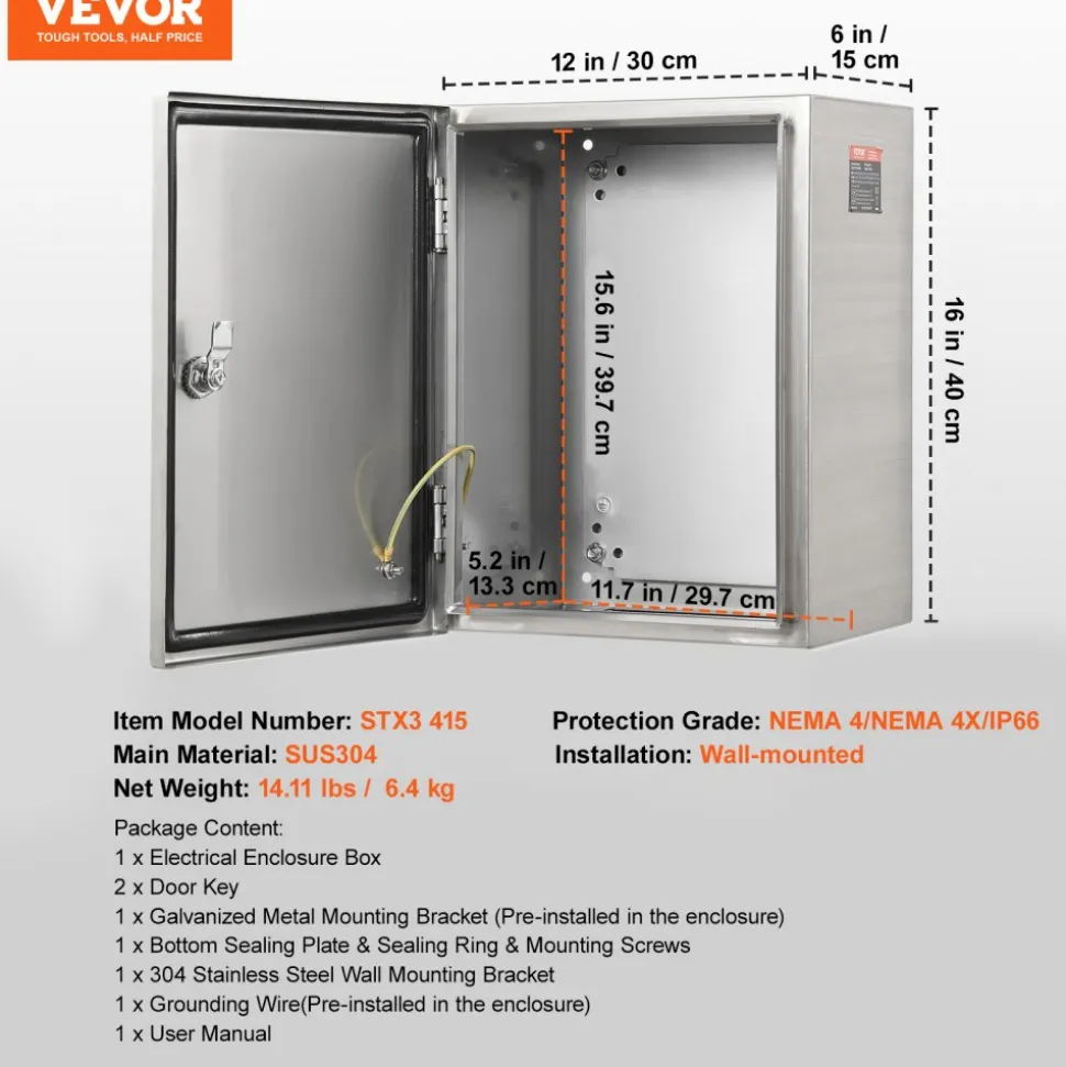 VEVOR Steel Electrical Box, 16"x 12"x 6", 304 Stainless Steel Electrical Enclosure Box, Wall-Mounted Outdoor Electrical Electronic Equipment Enclosure with Mounting Plate Hinges Lock, IP66 Waterproof