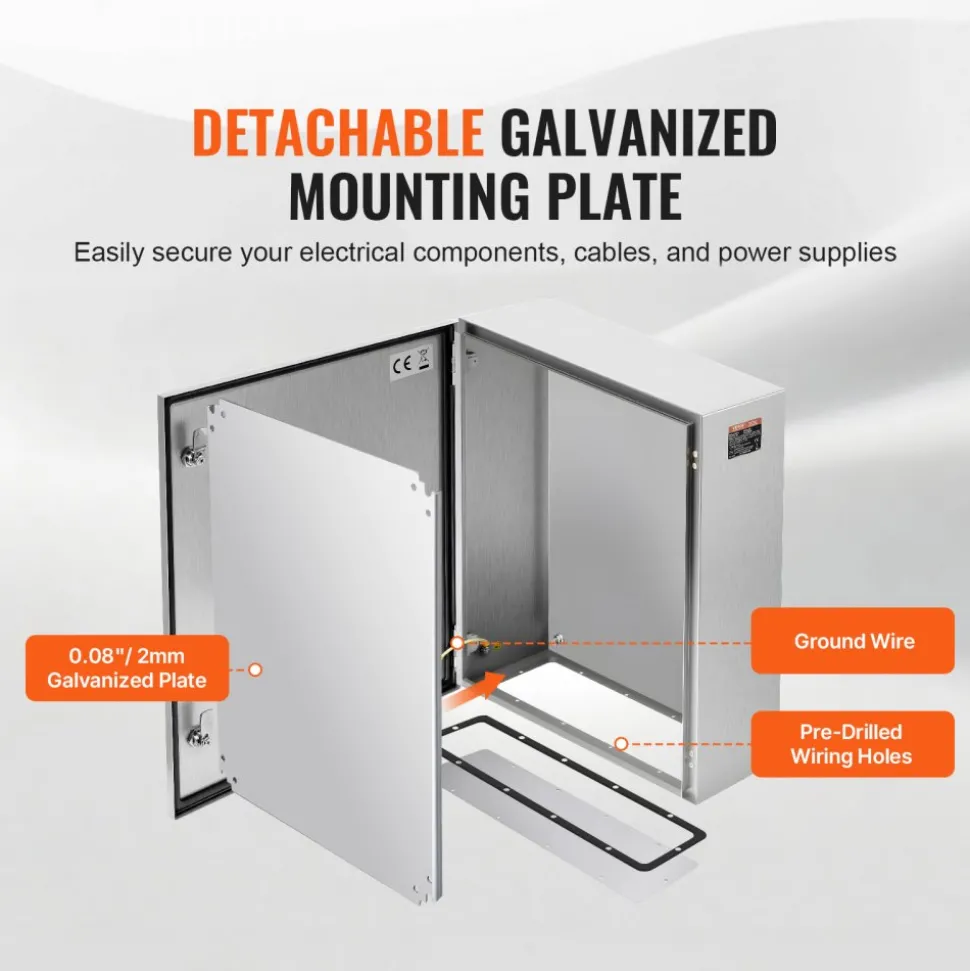 VEVOR Steel Electrical Box, 24"x 20"x 8", 304 Stainless Steel Electrical Enclosure Box, Wall-Mounted Outdoor Electrical Electronic Equipment Enclosure with Mounting Plate Hinges Lock, IP66 Waterproof