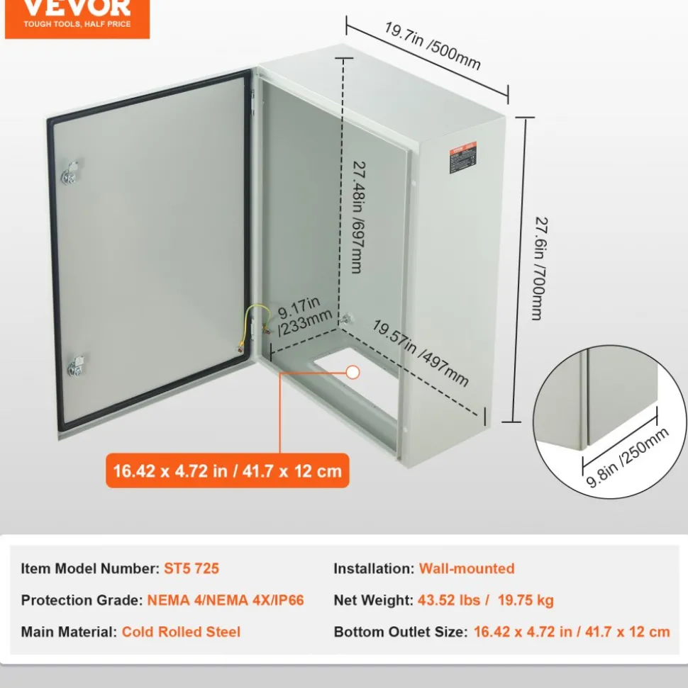 VEVOR Steel Electrical Box, 16"x 12"x 10", 304 Stainless Steel Electrical Enclosure Box, Wall-Mounted Outdoor Electrical Electronic Equipment Enclosure with Mounting Plate Hinges Lock, IP66 Waterproof