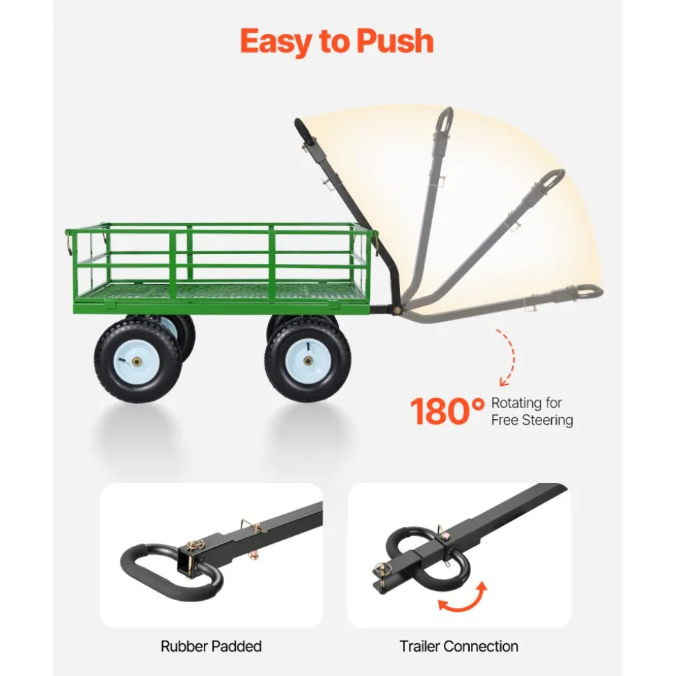 VEVOR Steel Garden Cart, 1200 lbs Heavy Duty Pullable Garden Wagon Yard Cart, 2 in 1 Outdoor Metal Utility Wagon Yard Trailer with 13" All Terrain Tires, Mesh Detachable Sides and 180° Rotating Handle