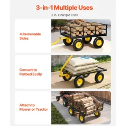 VEVOR Steel Garden Cart, 1200 lbs Heavy Duty Pullable Garden Wagon Yard Cart, 2 in 1 Outdoor Metal Utility Wagon Yard Trailer with 13" All Terrain Tires, Mesh Detachable Sides and 180° Rotating Handle