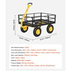 VEVOR Steel Garden Cart, 1200 lbs Heavy Duty Pullable Garden Wagon Yard Cart, 2 in 1 Outdoor Metal Utility Wagon Yard Trailer with 13