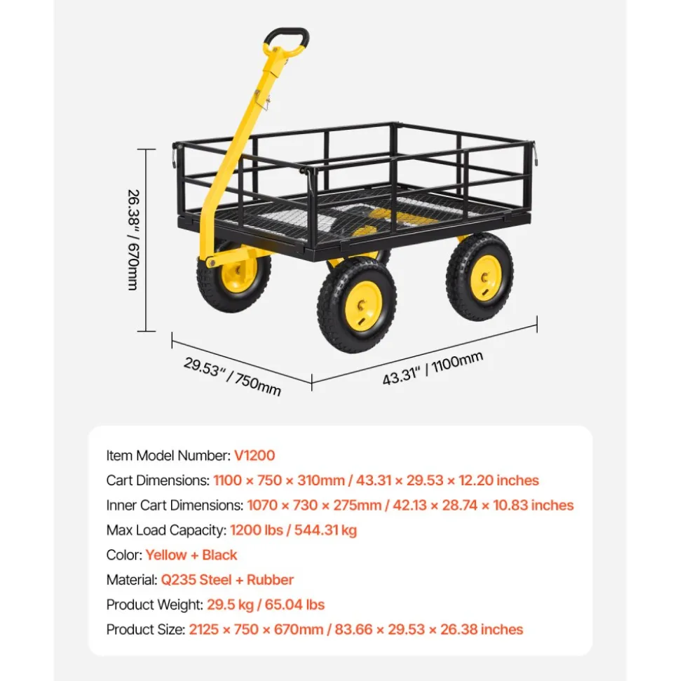VEVOR Steel Garden Cart, 1200 lbs Heavy Duty Pullable Garden Wagon Yard Cart, 2 in 1 Outdoor Metal Utility Wagon Yard Trailer with 13" All Terrain Tires, Mesh Detachable Sides and 180° Rotating Handle