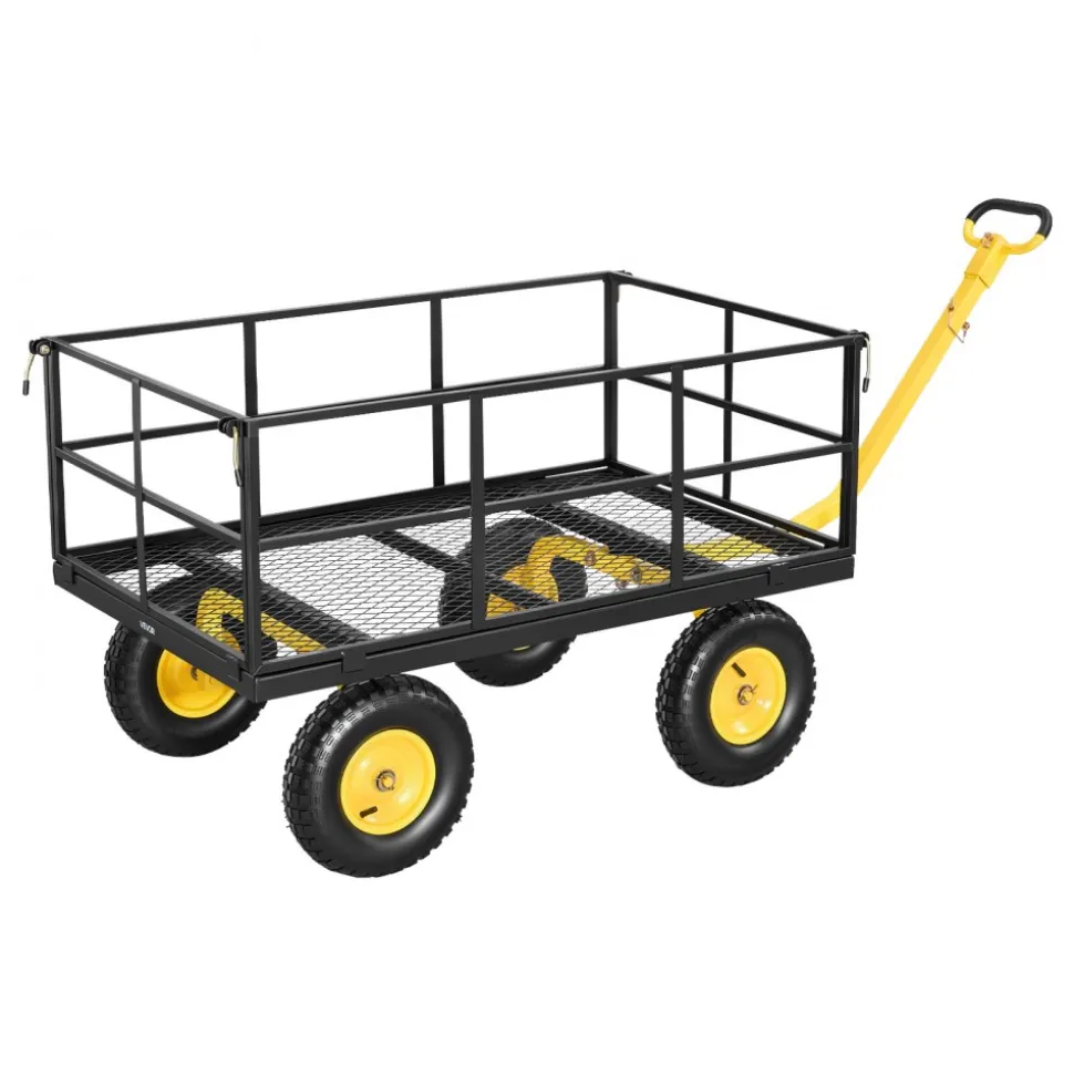 VEVOR Steel Garden Cart, 1400 lbs Heavy Duty Pullable Garden Wagon Yard Cart, 2 in 1 Outdoor Metal Utility Wagon Yard Trailer with 13" All Terrain Tires, Mesh Detachable Sides and 180° Rotating Handle