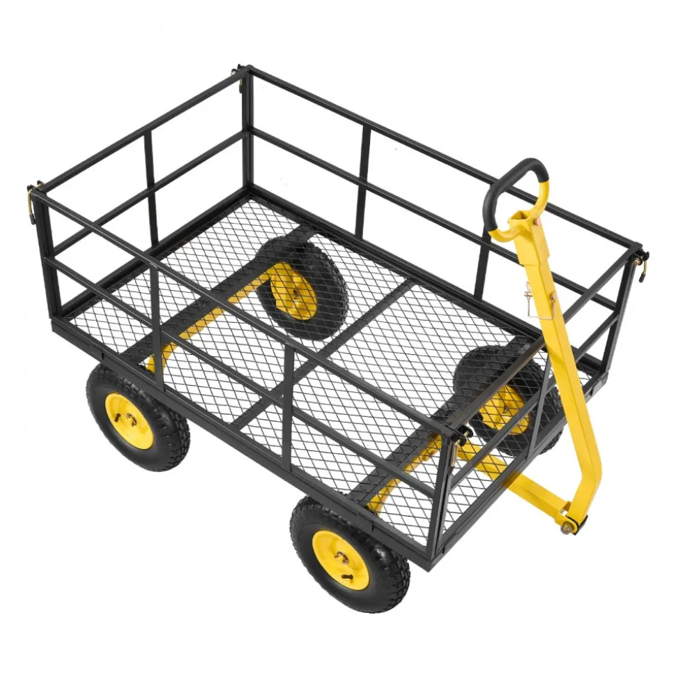 VEVOR Steel Garden Cart, 1400 lbs Heavy Duty Pullable Garden Wagon Yard Cart, 2 in 1 Outdoor Metal Utility Wagon Yard Trailer with 13" All Terrain Tires, Mesh Detachable Sides and 180° Rotating Handle