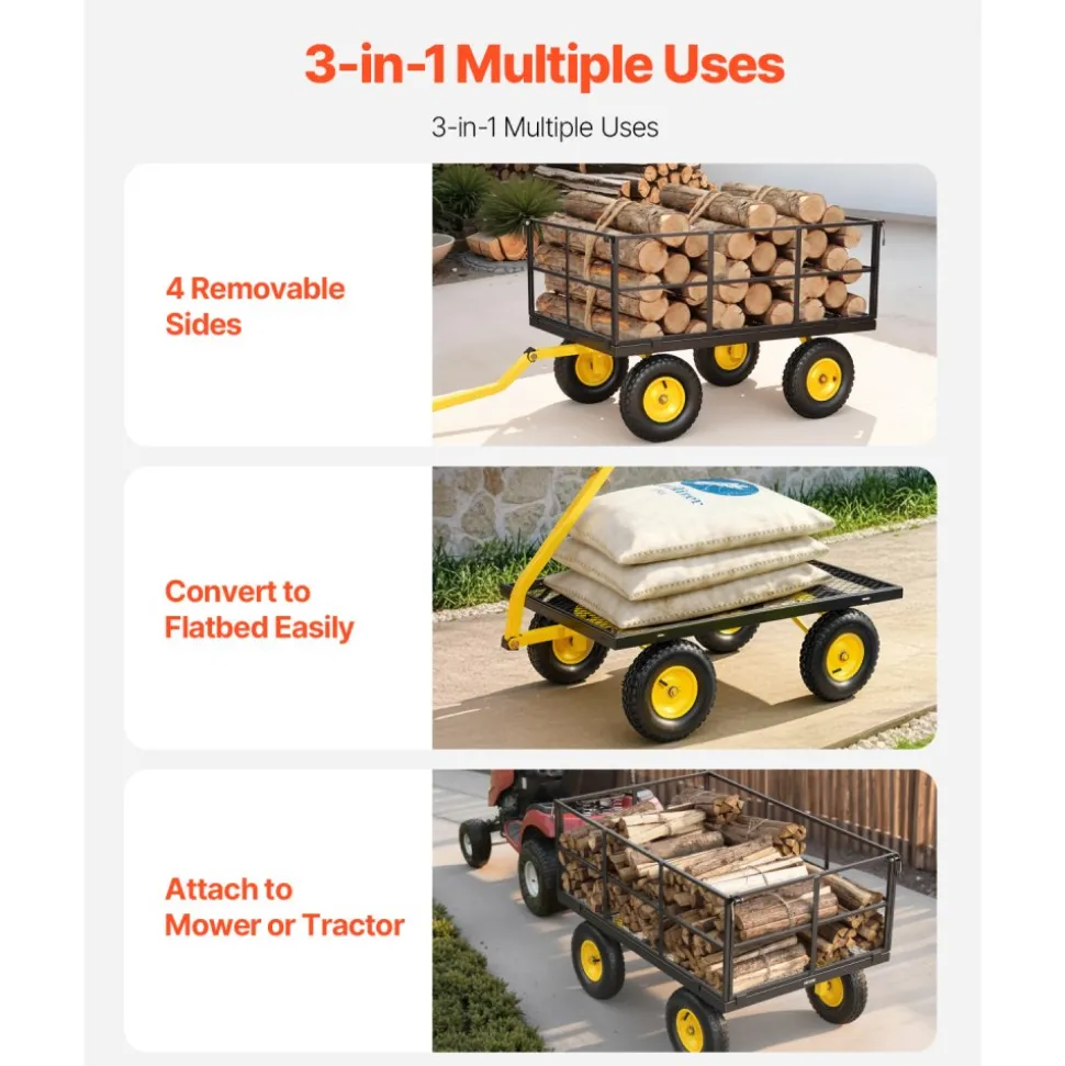 VEVOR Steel Garden Cart, 1400 lbs Heavy Duty Pullable Garden Wagon Yard Cart, 2 in 1 Outdoor Metal Utility Wagon Yard Trailer with 13" All Terrain Tires, Mesh Detachable Sides and 180° Rotating Handle
