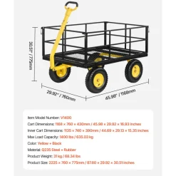 VEVOR Steel Garden Cart, 1400 lbs Heavy Duty Pullable Garden Wagon Yard Cart, 2 in 1 Outdoor Metal Utility Wagon Yard Trailer with 13