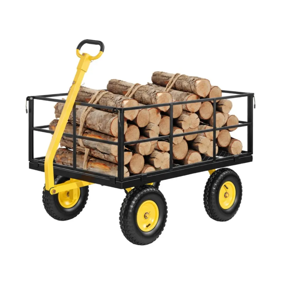 VEVOR Steel Garden Cart, 1400 lbs Heavy Duty Pullable Garden Wagon Yard Cart, 2 in 1 Outdoor Metal Utility Wagon Yard Trailer with 13" All Terrain Tires, Mesh Detachable Sides and 180° Rotating Handle