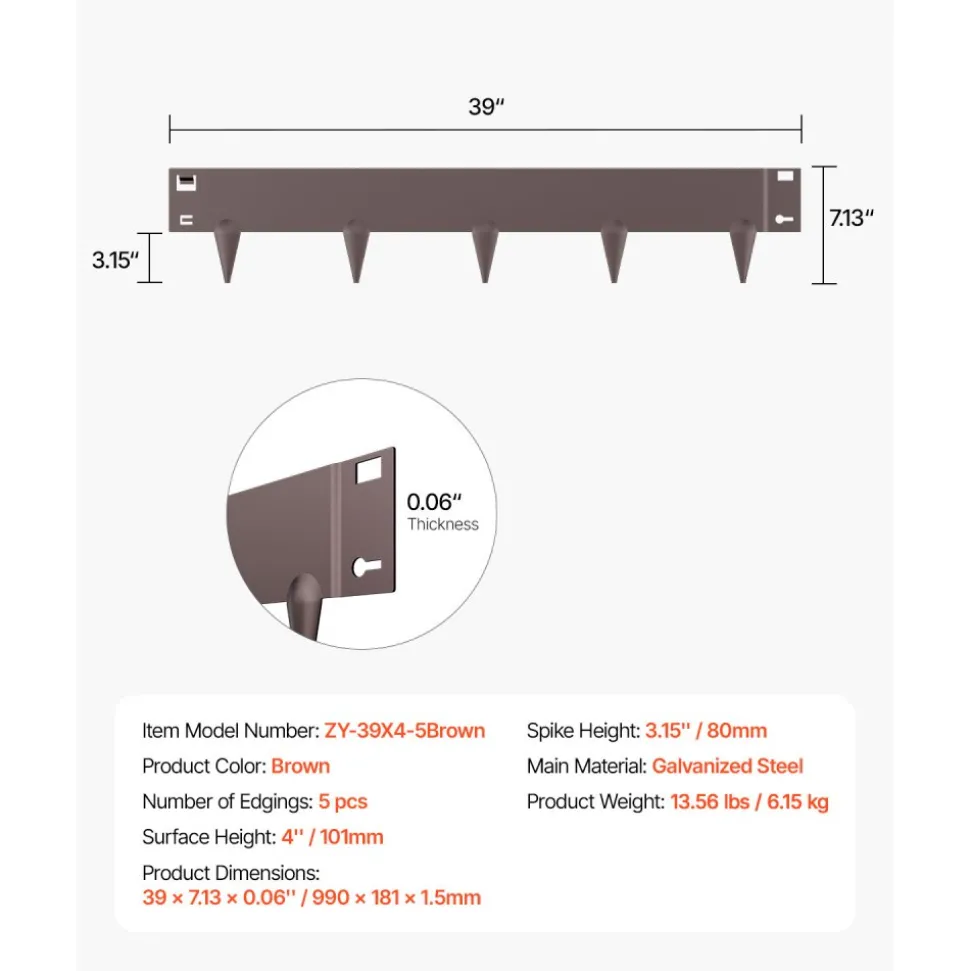 VEVOR Steel Landscape Edging, 5 Packs 39 x 4 in Rust-Resistant Metal Landscape Edging, Bendable Garden Edging Border, Heavy Duty Lawn Edging, Easy-to-Install, Flower Bed Yard Pathway Divider Brown