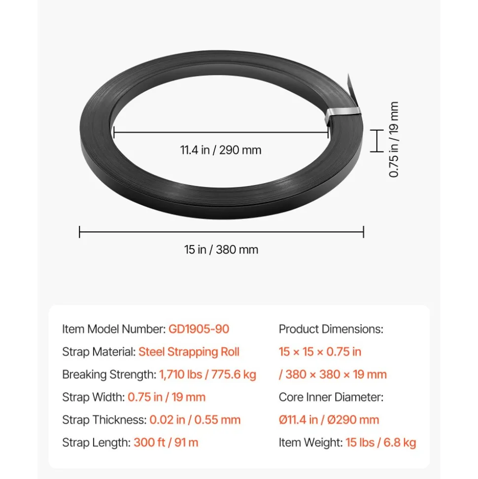 VEVOR Steel Strapping Coil, 3/4 in x 0.02 in x 300 ft, Metal Strapping Banding Roll Withstands Harsh Environment, 1710 lbs Break Strength, Heavy Duty Banding Pallet Strap Coil for Pallet Packing