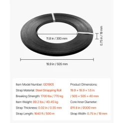 VEVOR Steel Strapping Coil, 3/4 in x 0.02 in x 1640 ft, Metal Strapping Banding Roll Withstands Harsh Environment, 1700 lbs Break Strength, Heavy Duty Banding Pallet Strap Coil for Pallet Packing