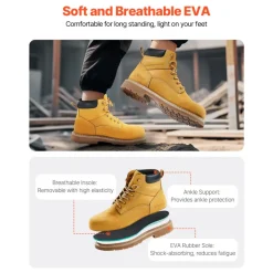 VEVOR Steel Toe Work Boots, US Size 12, Waterproof Work Boots for Men, Slip-Resistant Work Boot, Lightweight and Breathable Rubber Sole Mens Boots for Industry Construction, Brown Yellow