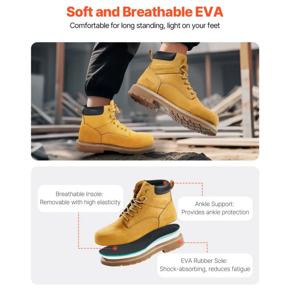 VEVOR Steel Toe Work Boots, US Size 12, Waterproof Work Boots for Men, Slip-Resistant Work Boot, Lightweight and Breathable Rubber Sole Mens Boots for Industry Construction, Brown Yellow